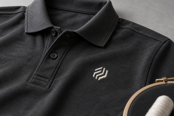 Embroidery — charcoal polo with stitched logo