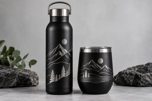Laser engraving — matte black engraved drinkware